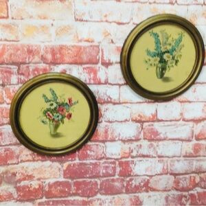 Vintage MCM Round Floral Framed Wall Art Set